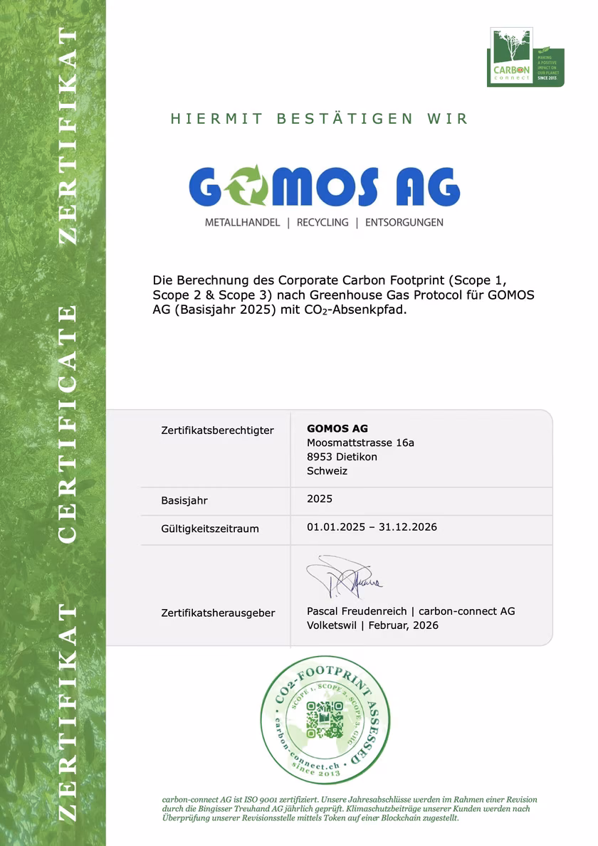 CO₂-Footprint-Zertifikat der GOMOS AG von carbon-connect, gültig 2025 bis 2026