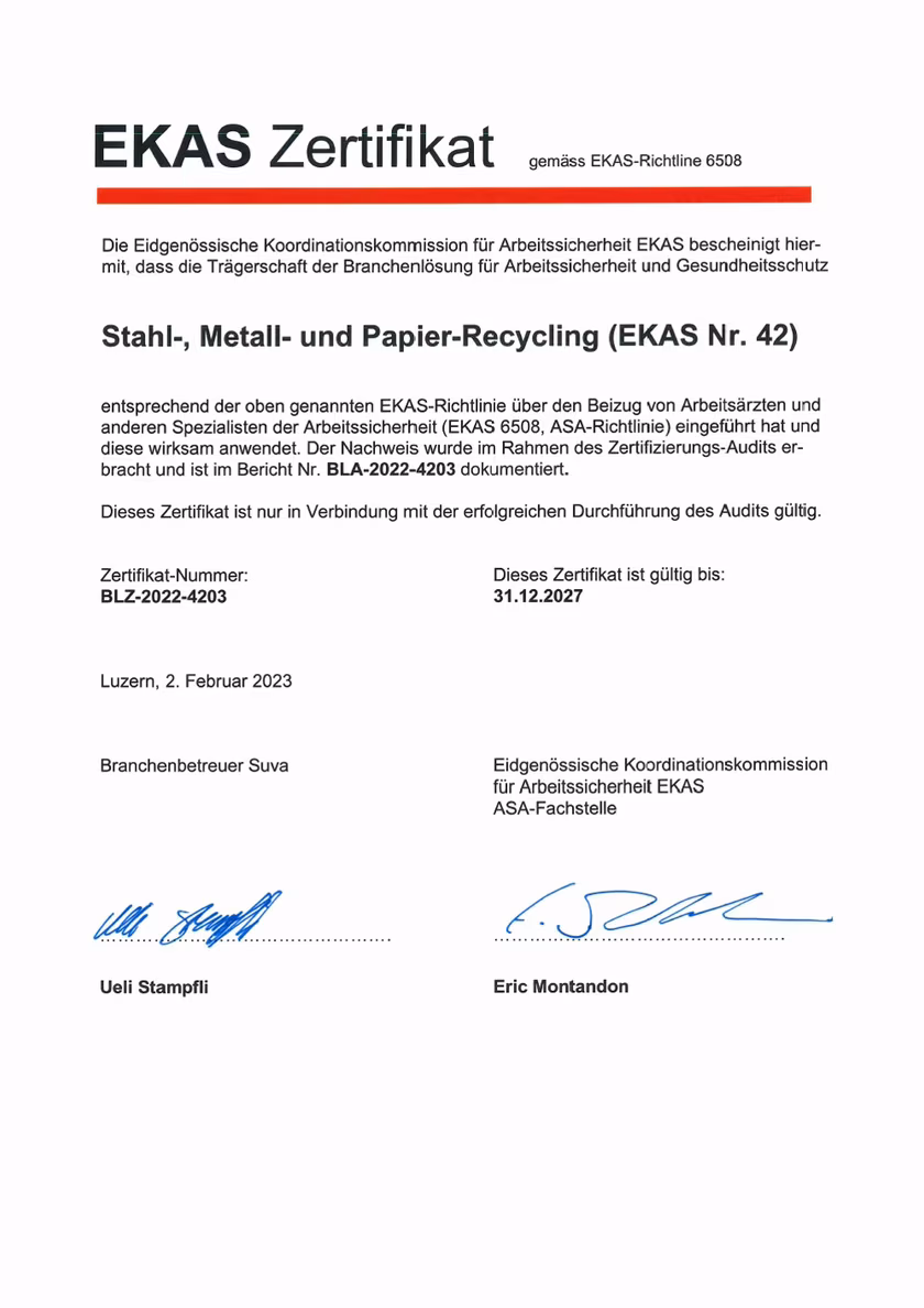 EKAS-Zertifikat der Branchenlösung Stahl-, Metall- und Papier-Recycling, gültig bis 2027