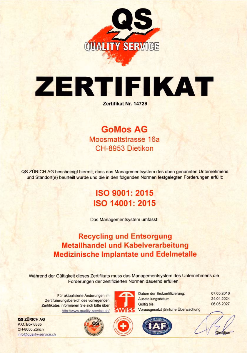 ISO-9001- und ISO-14001-Zertifikat der GoMos AG, ausgestellt von QS Zürich AG
